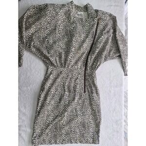 Vintage Joni Blair Leopard Dress Size 7 Front Zip Long Sleeve Made USA Cotton